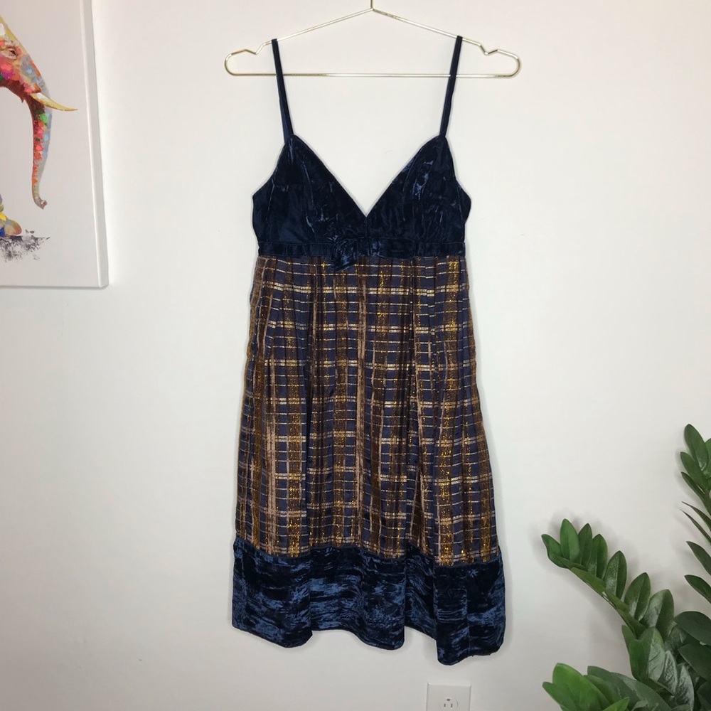 🎉HP🎉ANNA Sui Blue Velvet & Gold Plaid Bow Dress